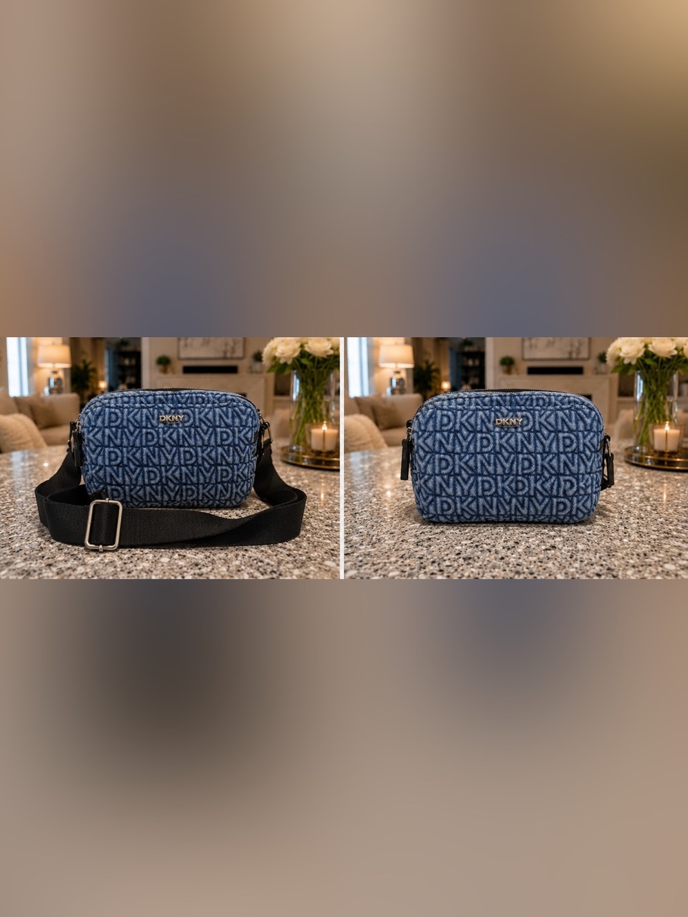 Blue Patterned Crossbody Bag with Black Strap